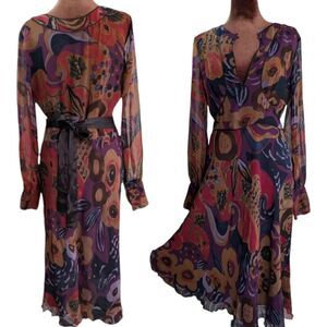 Vintage 100% Silk FLORAL midi dress ribbon tie long sleeves US size 6